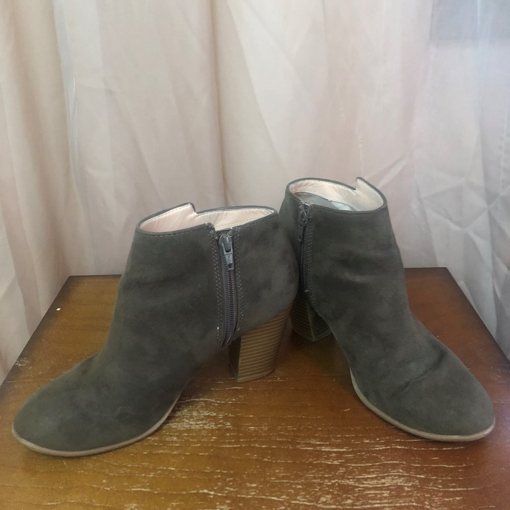 Dark Green "Suede" Stacked Heel Bootie - Picture 2 of 7